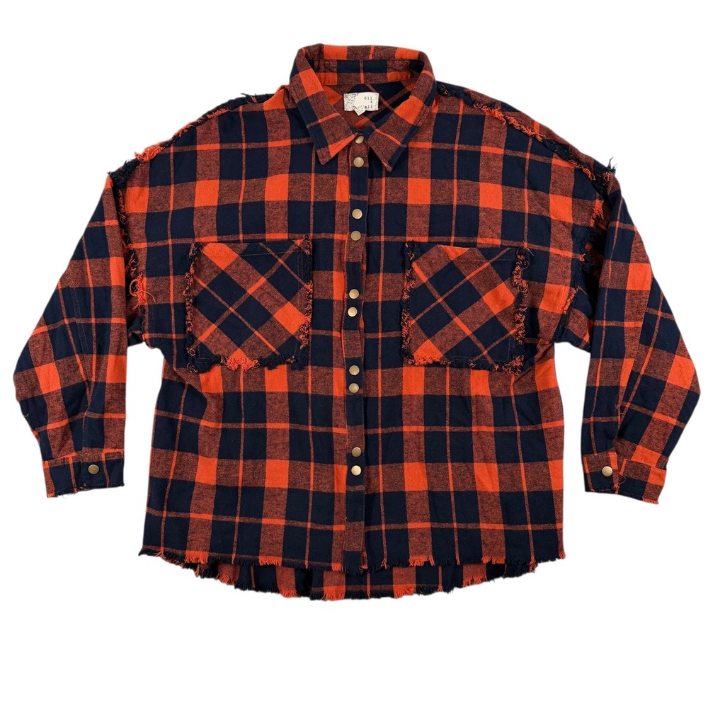 Oli & Hali Shirt Womens S/M Orange Blue Plaid Fringe Trim Button Down Flannel